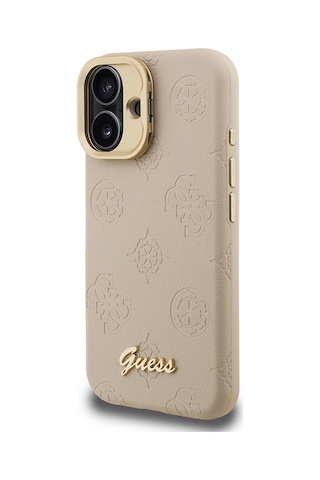 Apple Uyumlu iPhone 16 Kılıf Guess Lisanslı M-safe Şarj Özellikli Kamera Standlı Pu Deri Peony Kapak Bej