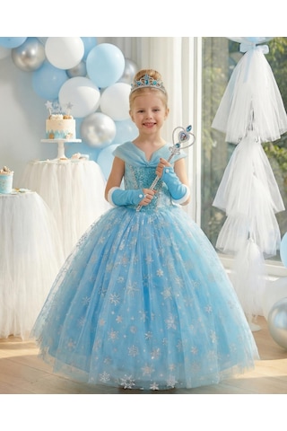 Butikhappykids Kız Çocuk Kostüm Mavi Elsa Frozen Düşük Omuz Detaylı Kasnaklı Kabarık Elsa Kostüm 3-8 Yaş Mavi