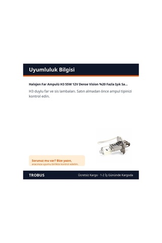 Trobus Halojen Far Ampulü H3 55w 12v Dense Vision %20 Fazla Işık Sarı