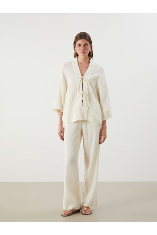 Lcw Vision Beyaz Şal Yaka Dokulu Oversize Kadın Kimono