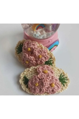 Çocuk Üç Çiçekli Amigurumi Örgü Toka Bej Tek Ebat Çok Renkli