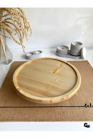 Yuvarlak Doğal Ahşap Sunum Tabağı Ayaklı Çukur Ahşap Sunumluk Beyaz Çam Çap:28cm Yük:6,5cm Ş