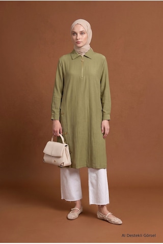 Armine Trend Fermuar Detaylı Yakalı Uzun Tunik Yan Düğme Detaylı Rahat Kesim Tesettür Tunik 111 Cm Boy Küf Yeşili 26yt447