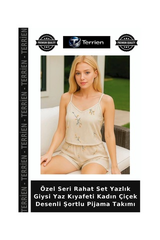 Terrien Özel Seri Rahat Set Yazlık Giysi Yaz Kıyafeti Kadın Çiçek Desenli Şortlu Pijama Takımı Diğer