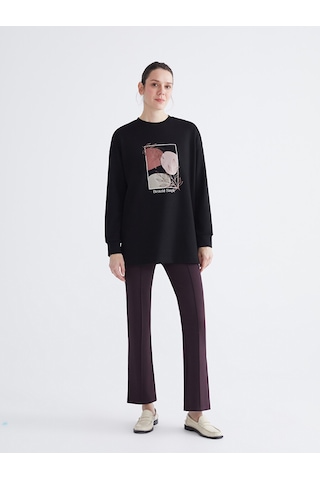 Lcw Everyday Siyah Bisiklet Yaka Baskılı Oversize Kadın Tunik