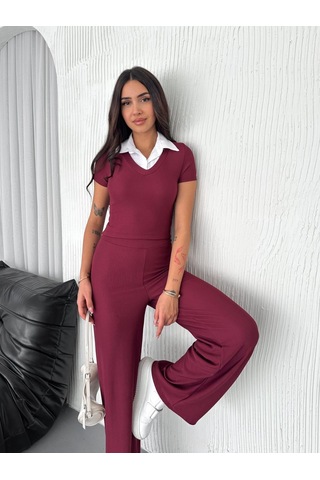Elaxi Ottoman Kumaş Gömlek Garnili Crop-pantolon İkili Takım Bordo