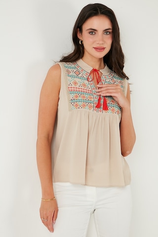 Lela Pamuklu Regular Fit Nakış Işlemeli Bayan Bluz 611Bz0249 Bej