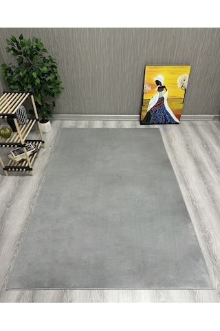 Dekoratif Puffy Peluş Yumuşak Yıkanabilir Kaymaz Taban Kesme Halı Yolluk Gri