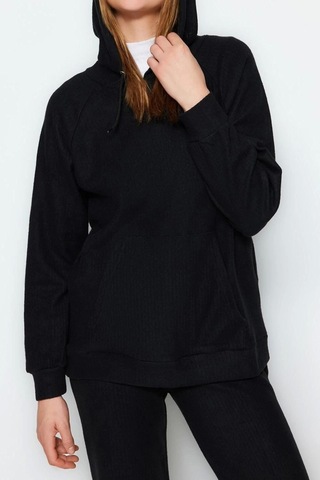 Ersefa Moda Yüksek Bel Bisiklet Yaka Sportswear Kapüşonlu Kaşkorse Sweat siyah