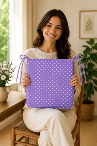 Comfort 2 Adet Sandalye Minderi Bağcıklı Özel Dikişli Süngerli Pamuklu Kumaş Sandalye Minderi Puanlı Mor