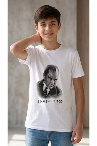Barlashive Erkek Çocuk Atatürk Baskılı Tişört Kısa Kollu Bisiklet Yaka T-shirt - Beyaz Çok Renkli