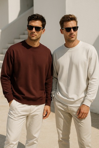 Rich Erkek 2'li Paket Kahverengi - Krem Bisiklet Yaka Scuba Basic Sweatshirt Kahverengi