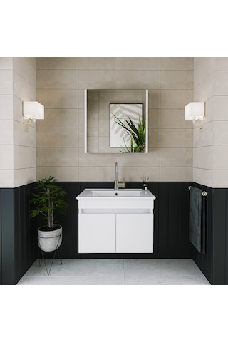 Banos Al3 Lavabolu Beyaz 65 Cm Aynalı Banyo Dolabı Takımı Beyaz