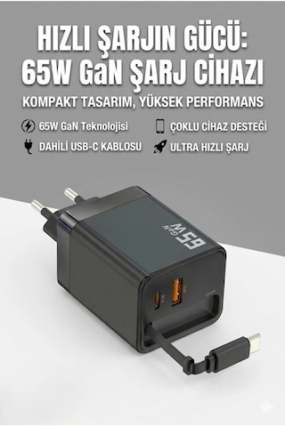 Durukar 65w Süper Hızlı Şarj Cihazı Dahili Type-c Kablo Usb-c & Usb-a Çıkış Çoklu Cihaz Desteği