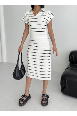Kadın Pamuklu Polo Yaka Çizgili Elbise Beyaz