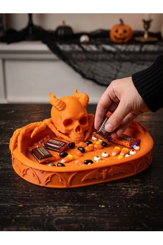 Halloween Cadılar Bayramı Dekoratif Boynuzlu Kuru Kafa Şekerlik Tepsi Masa Üstü Dekor