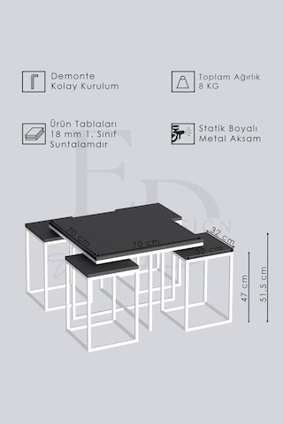 Lizbon 4+1 Kare Sehpa Takımı Siyah Metal - Barok Tabla