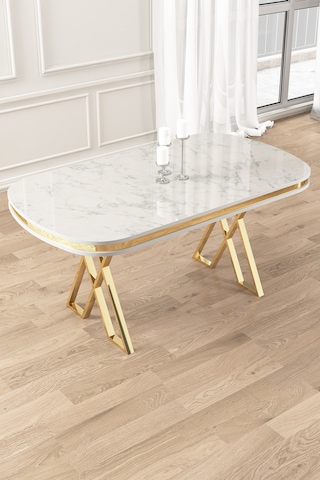 Lindia Serisi 90x168 Lak Panel Beyaz Mermer Desen Gold Ayaklı Masa Takımı 6 Krem Sandalye