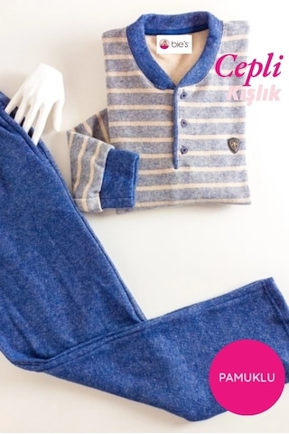 Erkek 3 Düğme Çizgili Kışlık Pamuklu Selanik Kumaş Uzun Manşetli Kol Cepli Pijama Takımı Mavi-gri