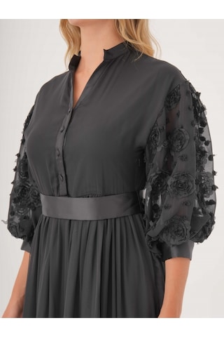 Dantel Detaylı Kemerli Şifon Gömlek Elbise Siyah