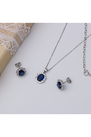 5-8 Mm Lacivert Oval Zirkon Taşlı 925 Ayar Gümüş Kadın 2'li Set Gümüş