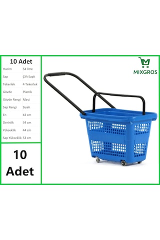 Tekerlekli Plastik Market Alışveriş El Sepeti 54 Litre Mavi 10 Adet