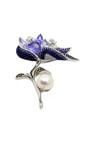 Oya Silver İri Ametist Safir Zirkon Taşlı İnci Detaylı Gümüş Çiçek Broş Yaka İğnesi 7x4.2cm F74206mq517 Lacivert