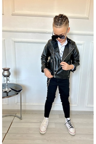 Modavals Erkek Çocuk 4 Parça Deri Ceket Kot Pantolon Kombin - 574283691 Siyah