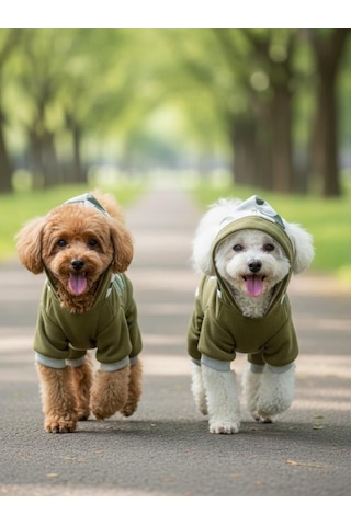 Kamuflaj Desenli Köpek Tulumu Kapüşonlu Pamuklu Polar Kumaş Haki Yeşil Küçük Irklar İçin