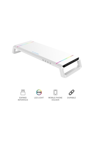 Laptop Sehpası Rgb Işıklı Mönitör Standı Ekran Altlığı 4 Usb Hub Telefon Tutuculu Beyaz