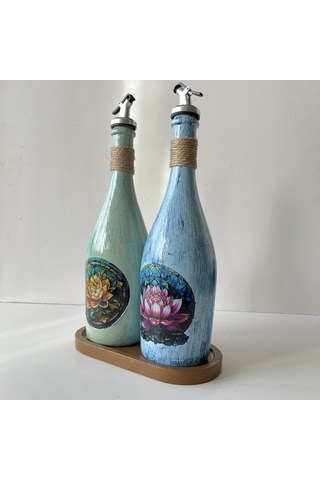 Lotus Çiçeği Desenli Sunum Stantlı 2'li 750 Ml Yağlık Sirkelik