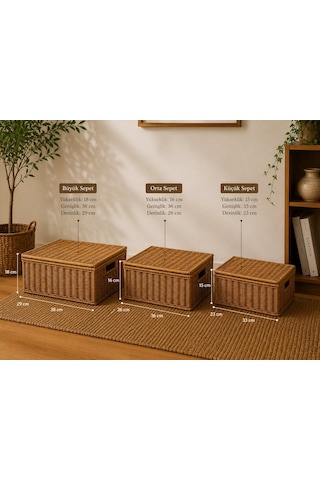 Morponi 3'lü Kapaklı Hasır Rattan Organizer Sepet Shr4404 Sarı