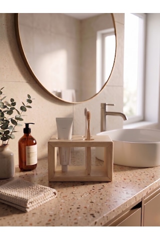Nestwoodtr Ham Doğal Ahşap Minimal Banyo Düzenleyici, Diş Fırçalık - Macunluk, Diş Fırçası Standı Ham Ahşap