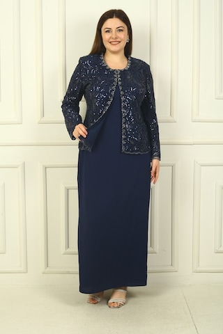 Kadın Pul İşlemeli Boncuk Detaylı Tül Ceket Yarım Ay Kollu Uzun Elbise Astarlı Krep Büyük Beden 2'li Takım Lacivert