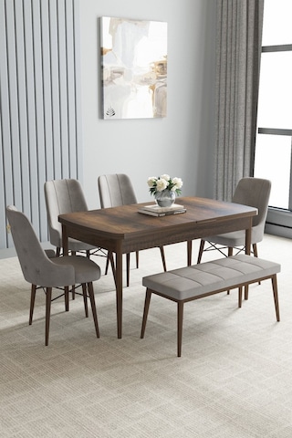 Loft Barok Desen 80x132 Açılabilir Mdf Masa Yemek Odası Takımı, Mutfak Takımı 4 Sandalye, 1 Bench Gri