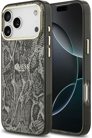 Apple Uyumlu iPhone 17 Pro Max Kılıf Guess Lisanslı M-safe Özellikli Yazı Logolu Python Desen Kapak Siyah Siyah
