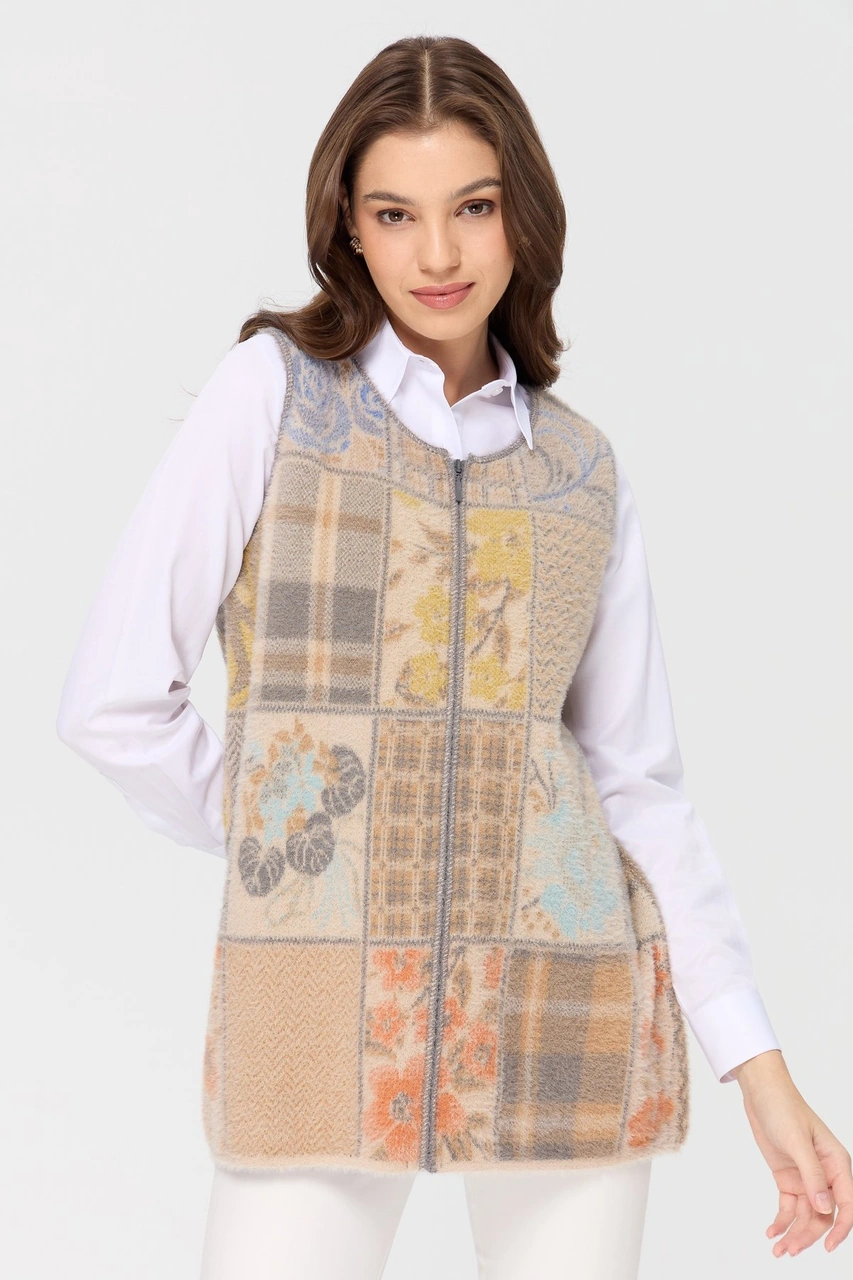 Desen Triko Kadın Sıfır Yaka Patchwork Yelek Bej Bej