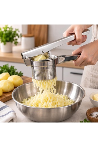 Paslanmaz Çelik Manuel Patates Ezici Ve Pres Uzun Saplı Delikli Hazneli Patates Püresi Aparatı, Pratik Mutfak Gereci