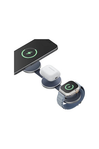Energea Alumag Trio 3in1 Katlanabilir Qi2 Destekli 15w Telefon Saat Apple Uyumlu AirPods Masaüstü Hızlı Şarj Standı - Mavi
