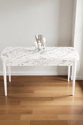 Mura Beyaz Mermer 80x132 Açılabilir Mdf Masa Yemek Odası Takımı, Mutfak Takımı 4 Adet Sandalye Siyah