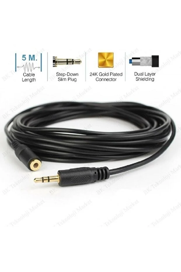 5 Metre 5mt 3.5mm Stereo Uzatma Kablosu Aux Extension Dişi Erkek 3.5mm Ses Kablosu 3.5mm Stereo Fiş - Jack Uzatma Kablosu Erkek - Dişi