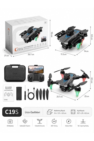 C19s Akıllı Drone Göz Alıcı Led Işıklı Yörünge Uçuş Wifi Cam Telefondan Kontrol Elektirikli Kamera 90 Derece Kamera Ayarı Sabit Uçuş