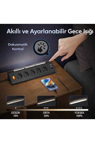 5 Li Köşe Priz 2 Usb-a 2 Usb-c Girişli 2 Metre Kablolu Gece Işıklı Akım Korumalı Masaüstü Çoklu Priz 3680w 1 - 3 M