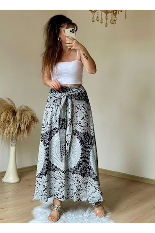 Azra Butik Otantik Desenli Etek Beyaz