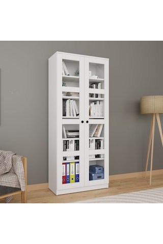 Lucas Cam Kapaklı Vitrin - Büfe - Kitaplık Ve Çok Amaçlı Dolap Ayarlanabilir Raf Beyaz