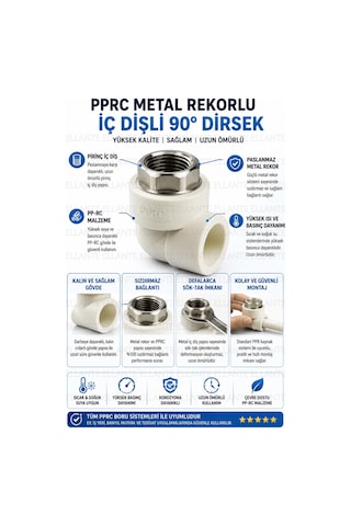 Pprc Metal Rekorlu İç Dişli 90 Dirsek 20 Mm X 1/2" Pirinç Rekorlu Sızdırmaz Tesisat Bağlantısı Çok Renkli