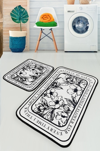 Singleflo 2 Li Set Banyo Halısı DjtYıkanabilir Kaymaz Taban Paspas Klozet Takımı Beyaz - Siyah