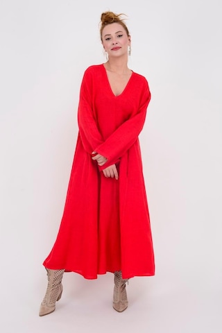 İtalyan V Yaka Uzun Kol Keten Elbise-8907 Kırmızı