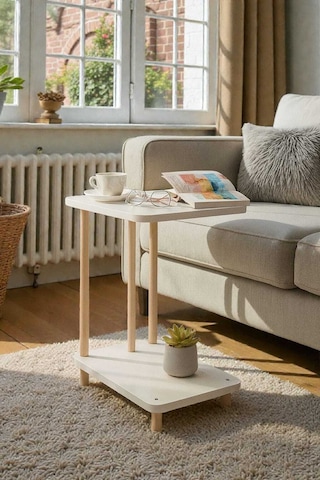 C Sehpa 40 X 30 X 54cm Yan Sehpa Komodin Kahvaltı Bilgisayar Sehpası Bal Mumu Kaplı Ayaklı Beyaz