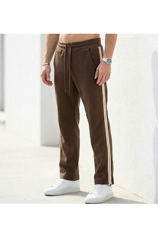 Plus Scorpion Erkek Slim Fit Eşofman Altı Yan Şeritli Pamuklu Kahverengi